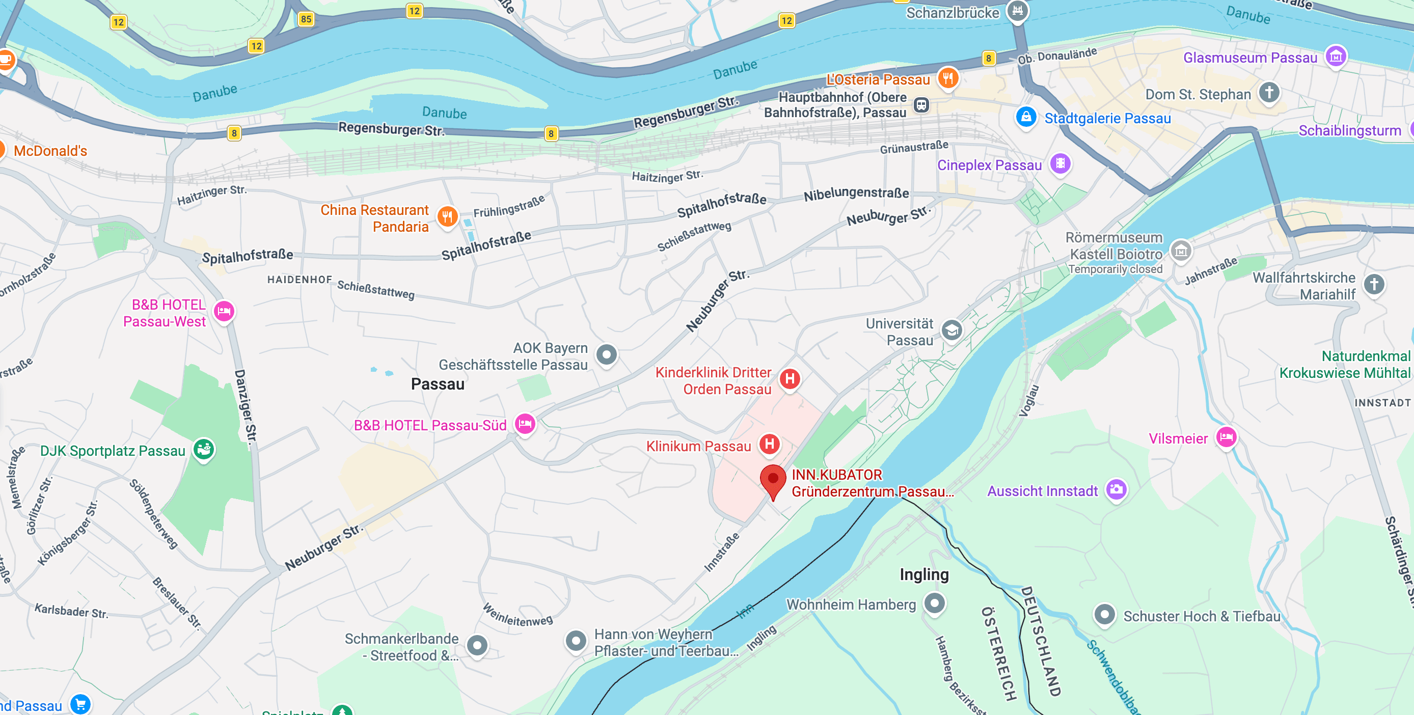 Map showing INN.KUBATOR Gründerzentrum Passau location